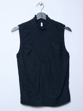 FRAME Smocked Front Mock Neck Sleeveless Navy Blue Career Interview Blouse